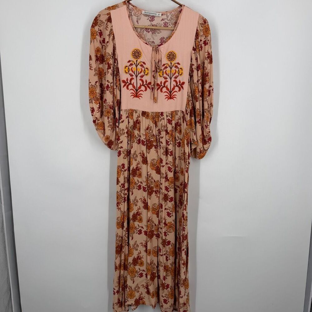 Rusttydustty Multicolor Floral Tie Neck Flutter Sleeve Midi Dress Size Medium